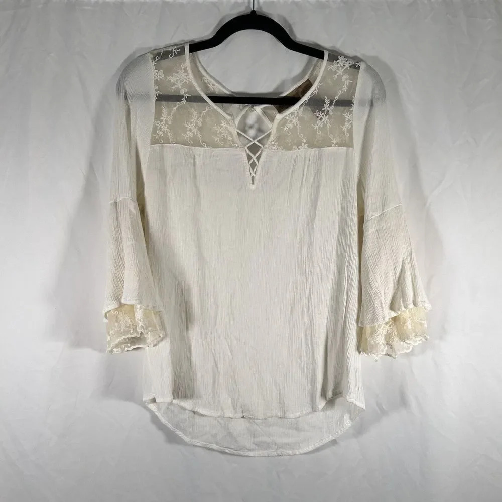 Wrangler Blouse Women's Medium Cream Sheer Upper 3/4 Sleeve